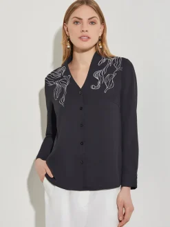 Misook Blouses & Shirts|Tops & Tees|Abstract Stitch Embroidered Button-Front Crepe Blouse