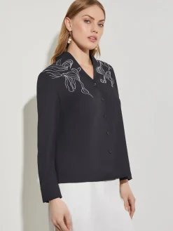 Misook Blouses & Shirts|Tops & Tees|Abstract Stitch Embroidered Button-Front Crepe Blouse