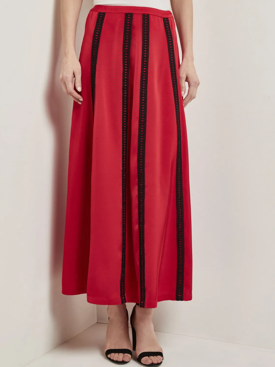 Misook Skirts|A-Line Crepe de Chine Lace Applique Maxi Skirt