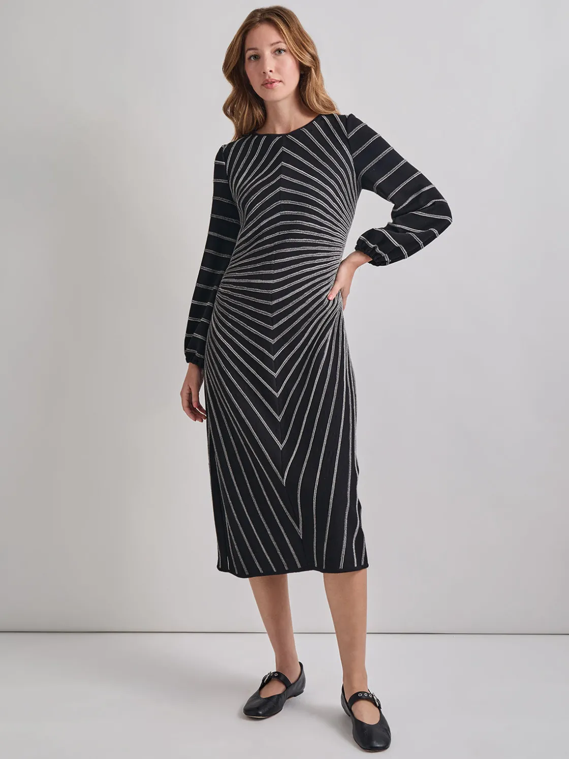 Misook Dresses|A-Line Melange Striped Soft Knit Midi Dress