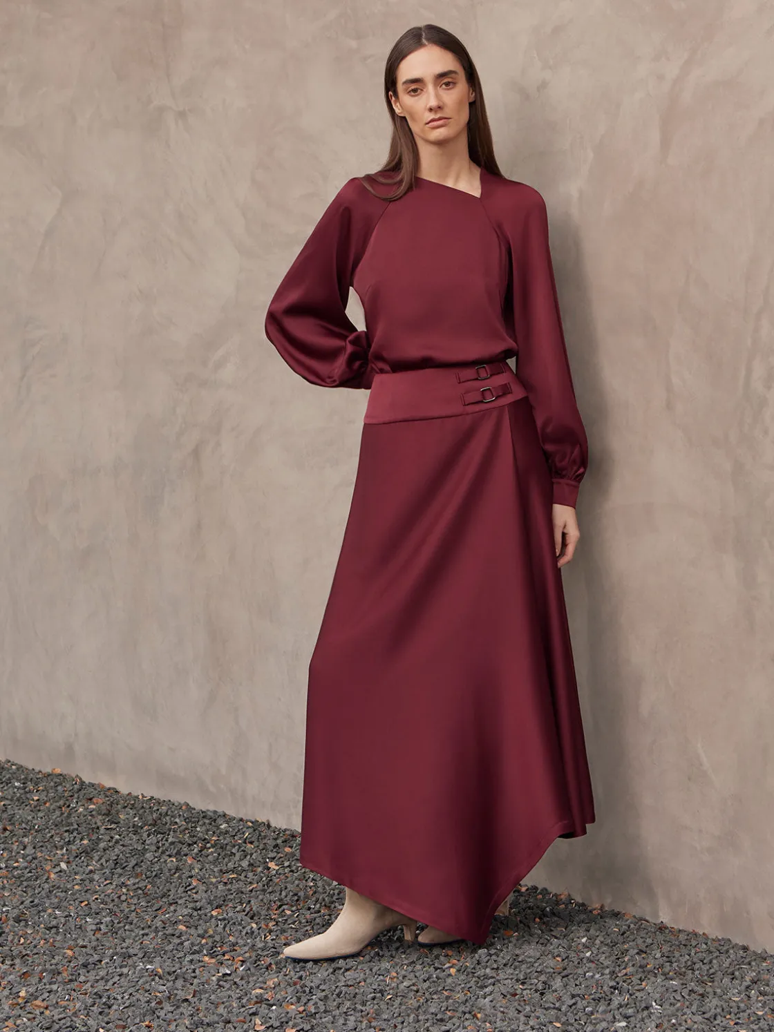 Misook Skirts|Asymmetrical Crepe de Chine Maxi Skirt