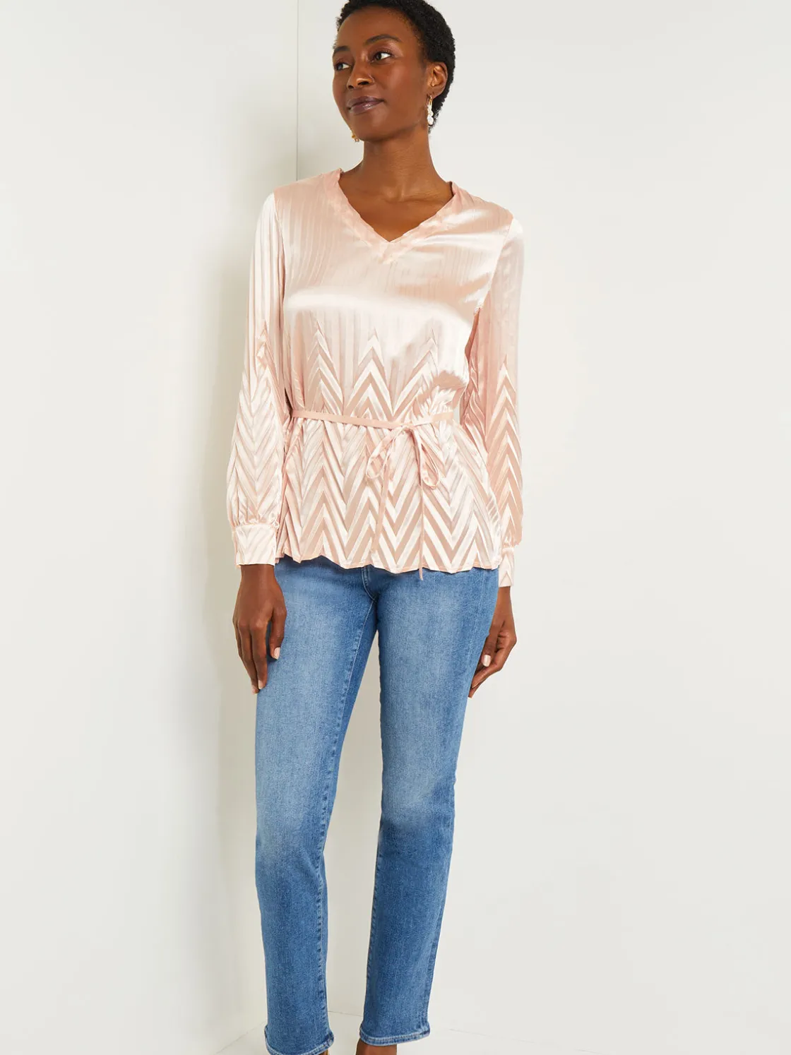 Misook Blouses & Shirts|Tops & Tees|Belted Blouse - Chevron Textured Crepe de Chine