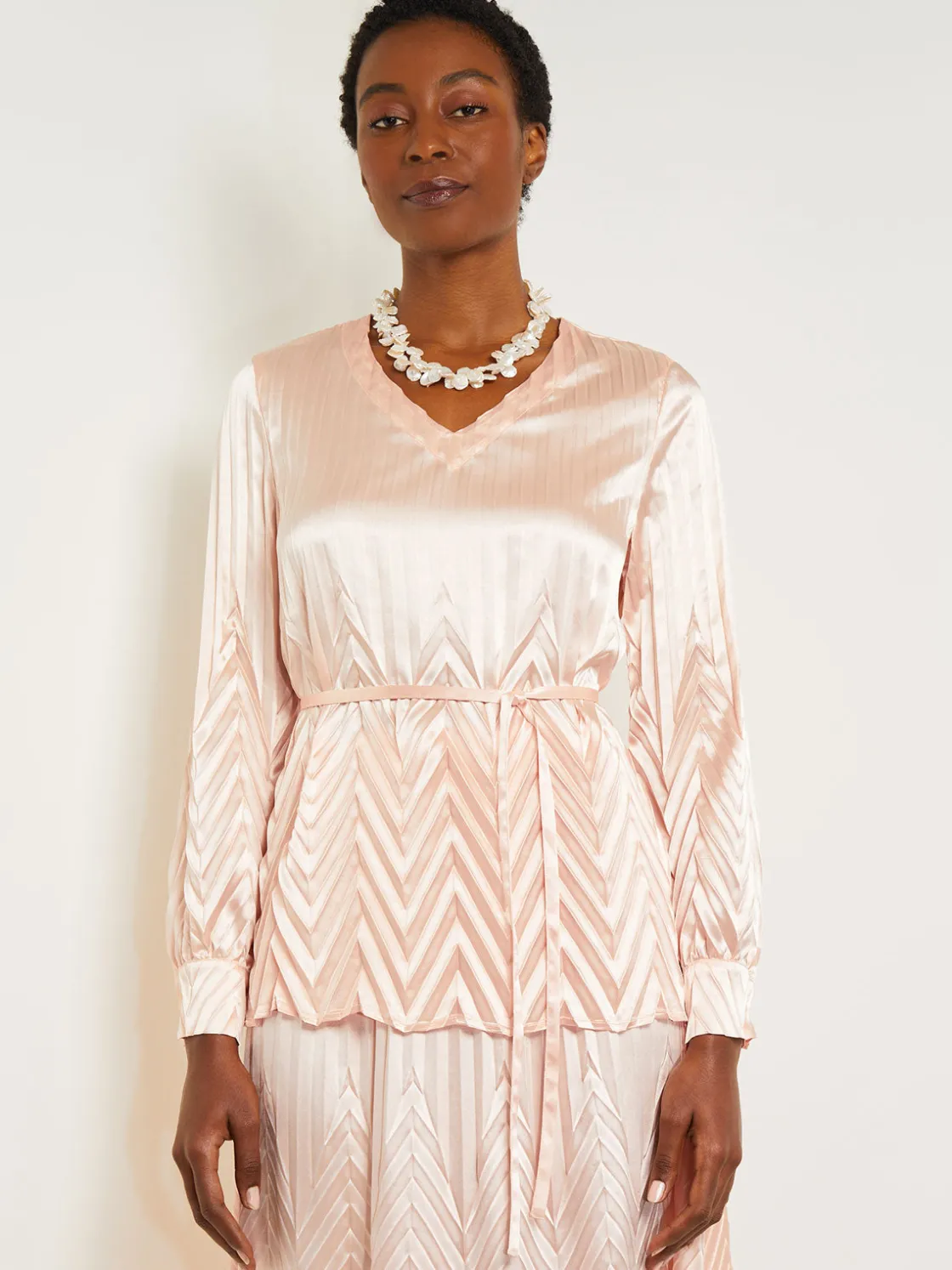 Misook Blouses & Shirts|Tops & Tees|Belted Blouse - Chevron Textured Crepe de Chine