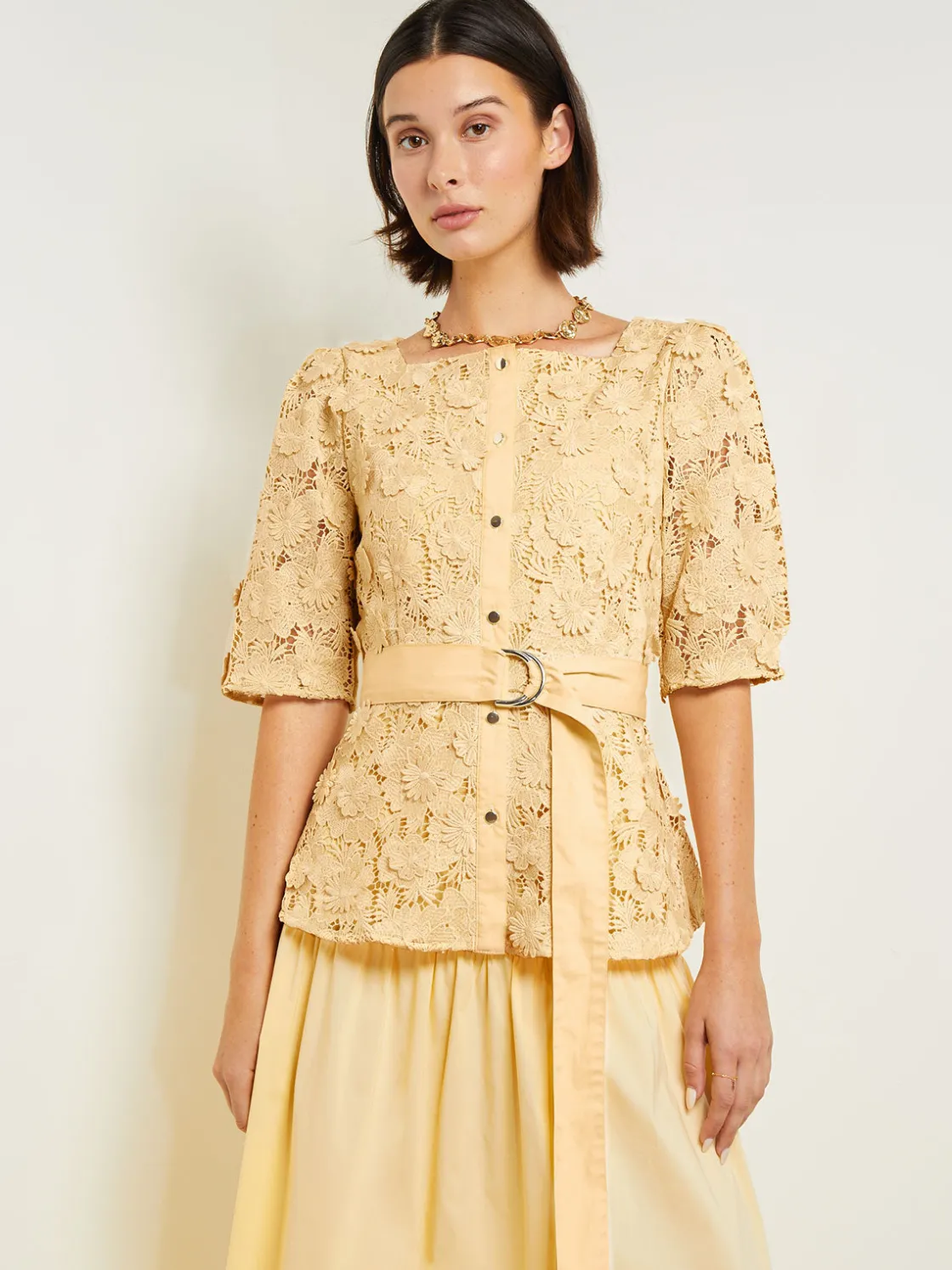 Misook Blouses & Shirts|Tops & Tees|Belted Button Front Blouse - Floral Applique Woven