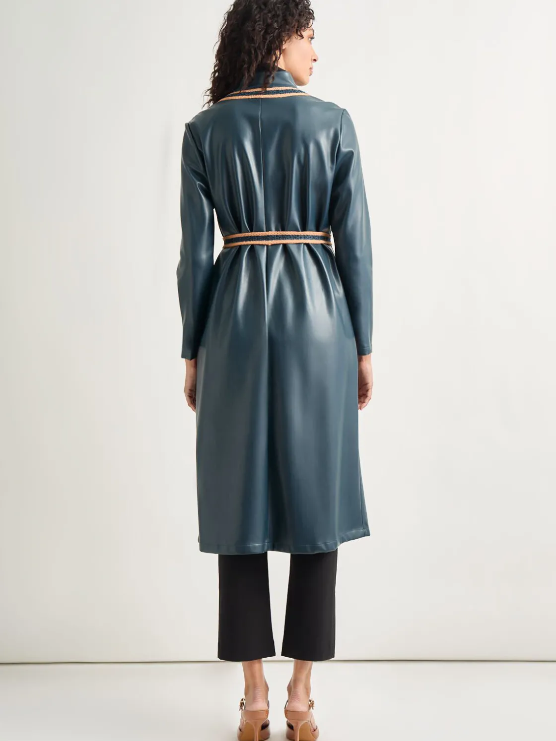 Misook Jackets & Coats|Belted Long Vegan Leather Jacket