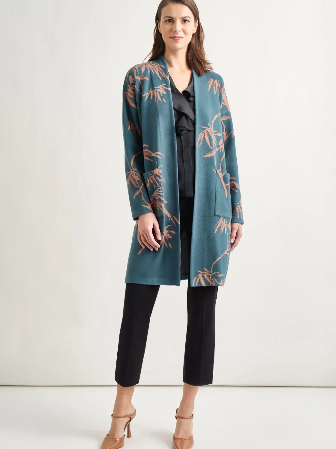 Misook Jackets & Coats|Botanical Print Open Front Long Jacquard Knit Jacket