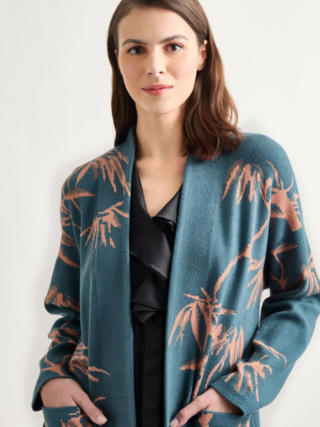 Misook Jackets & Coats|Botanical Print Open Front Long Jacquard Knit Jacket