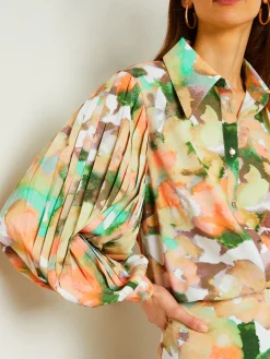 Misook Blouses & Shirts|Tops & Tees|Button Front Blouse - Balloon Sleeve Watercolor Woven