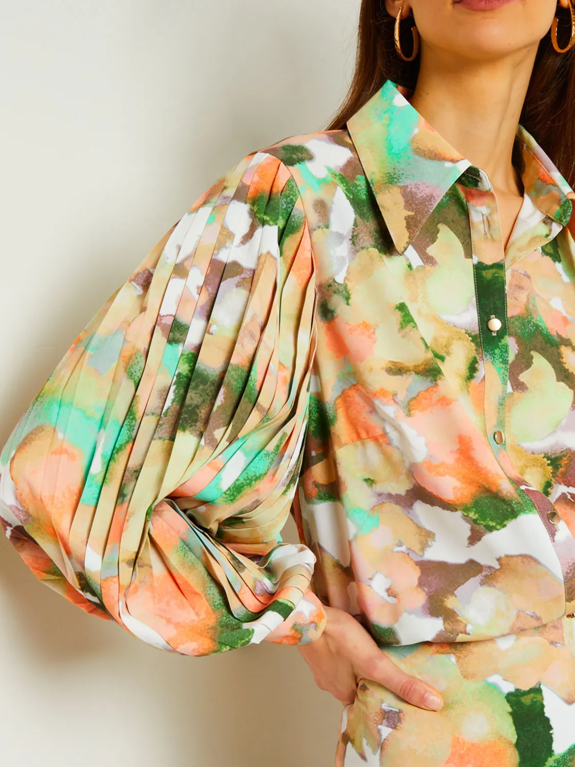Misook Blouses & Shirts|Tops & Tees|Button Front Blouse - Balloon Sleeve Watercolor Woven