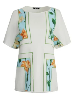 Misook Tops & Tees|Dolman Sleeve Boat Neck Tunic - Cotton Floral Panel Soft Knit