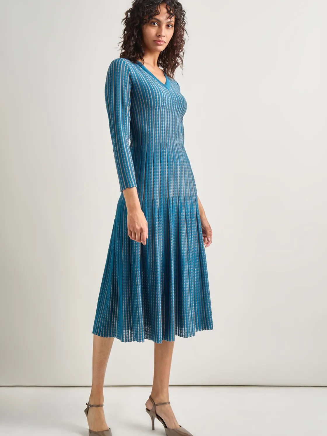 Misook Dresses|Fit-and-Flare Linear Textured Knit Midi Dress