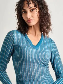 Misook Dresses|Fit-and-Flare Linear Textured Knit Midi Dress