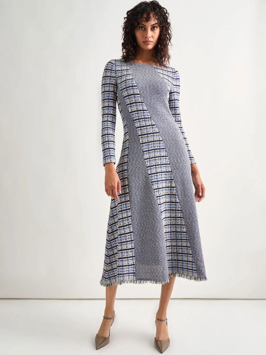 Misook Dresses|Fit-and-Flare Multi-Stitch Tweed Maxi Dress
