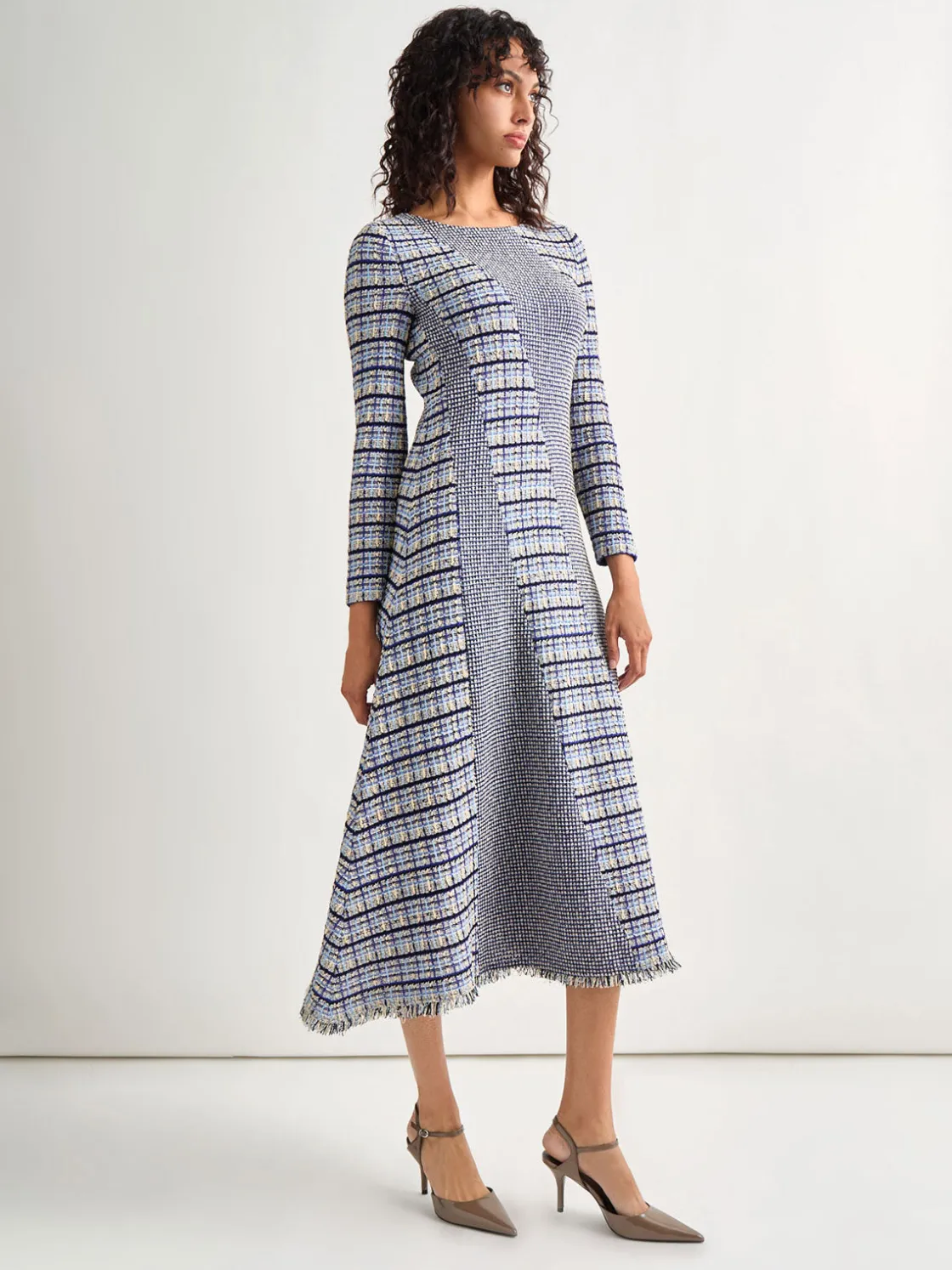 Misook Dresses|Fit-and-Flare Multi-Stitch Tweed Maxi Dress