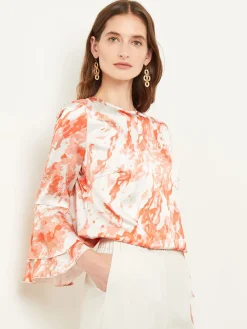 Misook Blouses & Shirts|Tops & Tees|Flounce Sleeve Blouse - Jewel Neck Print Crepe de Chine
