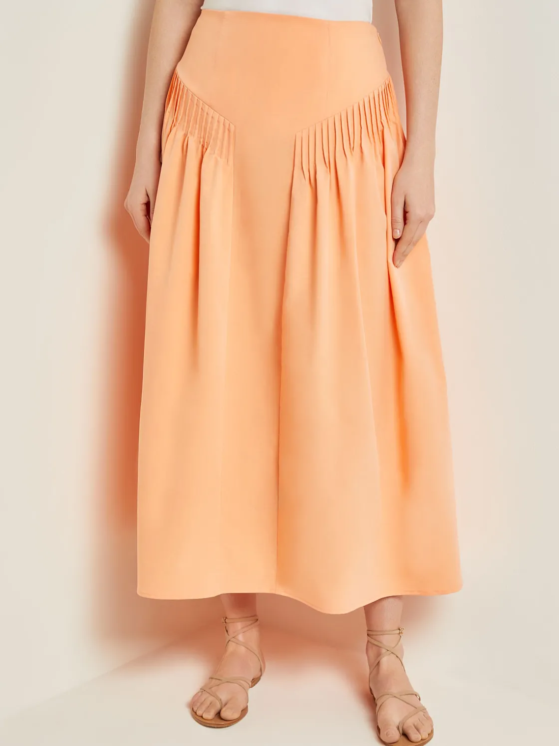 Misook Skirts|Godet Midi Skirt - Pleated Faux Cupro Silk