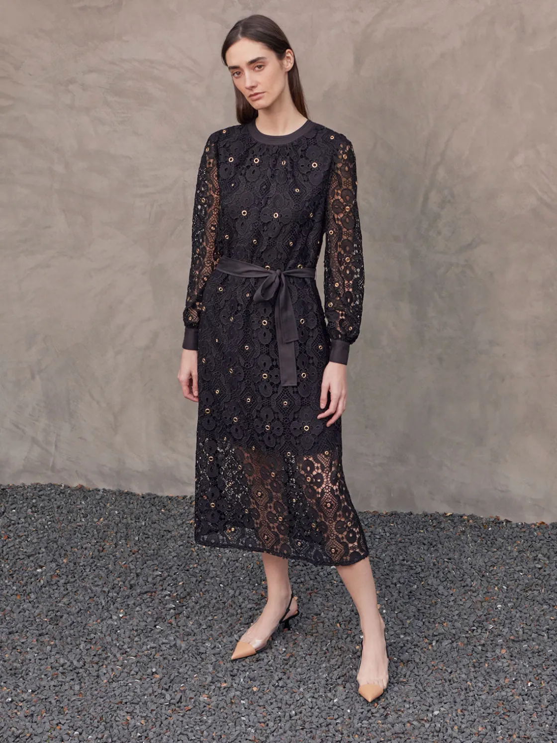 Misook Dresses|Gold Grommet Laced Shift Midi Dress