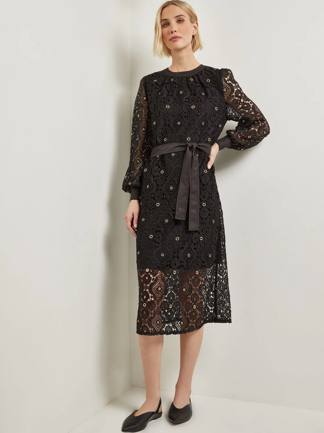 Misook Dresses|Gold Grommet Laced Shift Midi Dress
