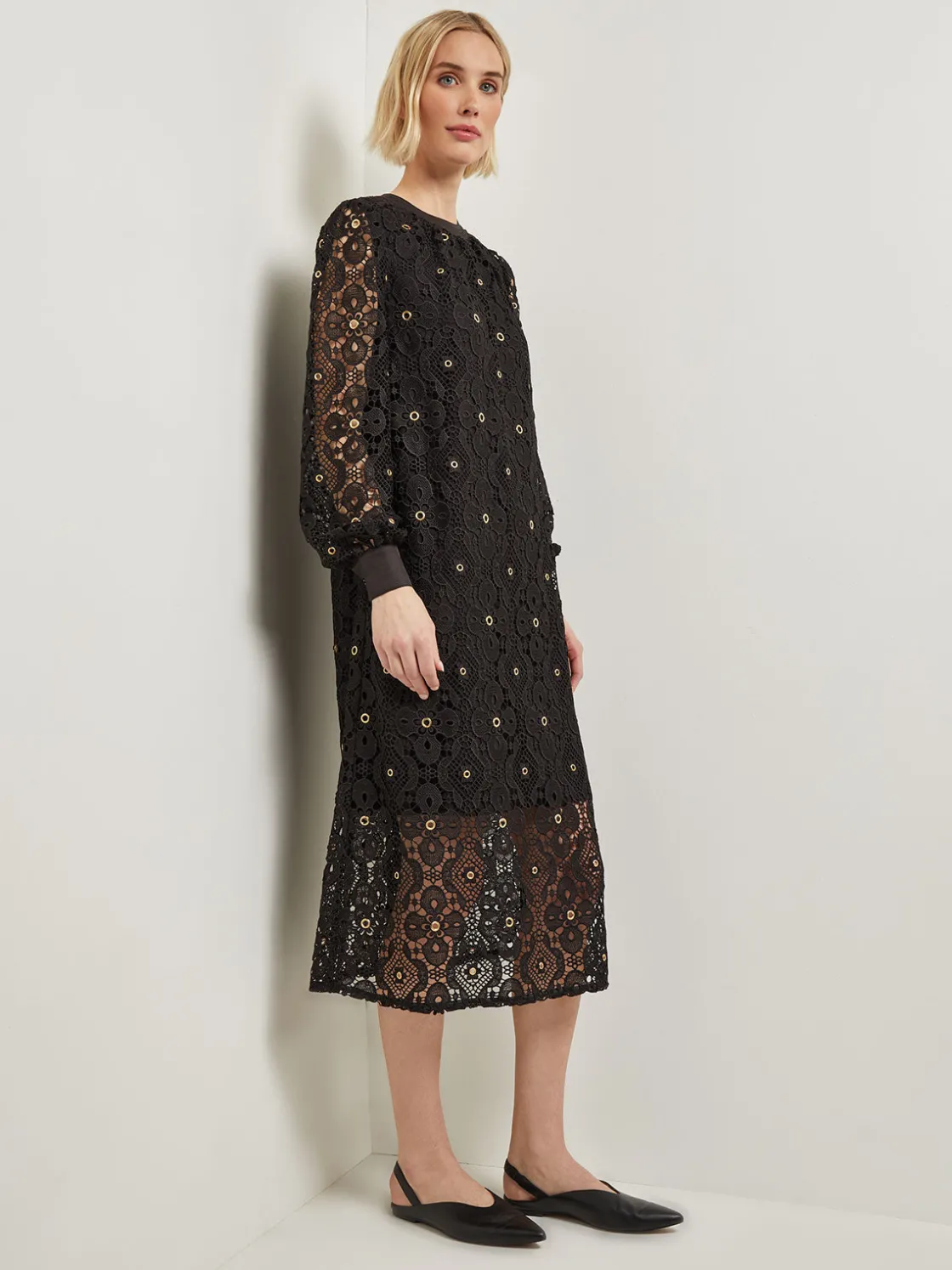 Misook Dresses|Gold Grommet Laced Shift Midi Dress