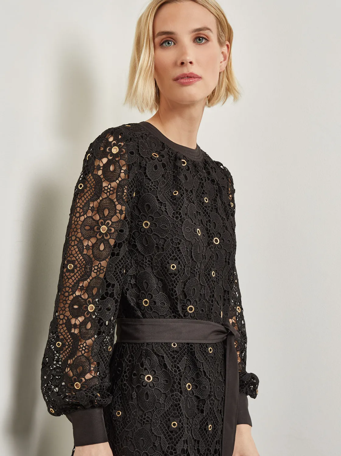 Misook Dresses|Gold Grommet Laced Shift Midi Dress