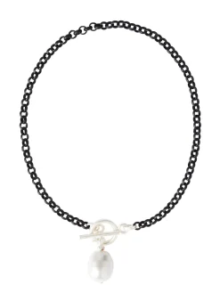 Misook Accessories|Necklaces|Handmade Black Rolo Link Toggle Necklace with Cotton Pearl Pendant