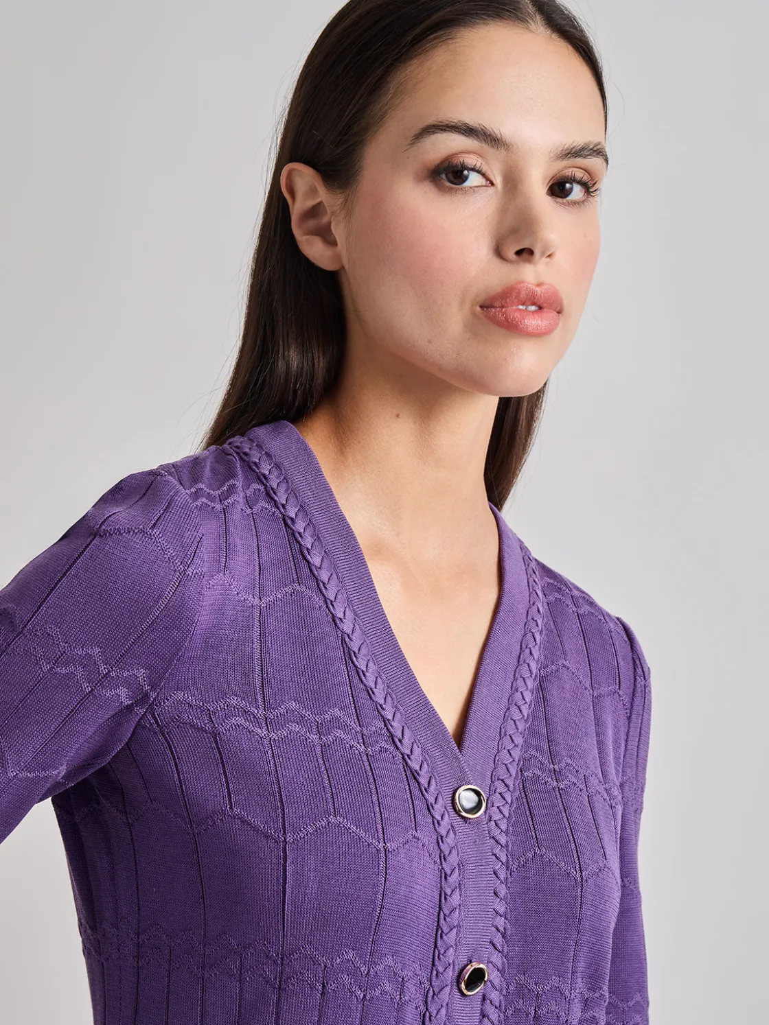 Misook Jackets & Coats|Heritage Fit Braided Trim Tonal Zig-Zag Knit Cardigan