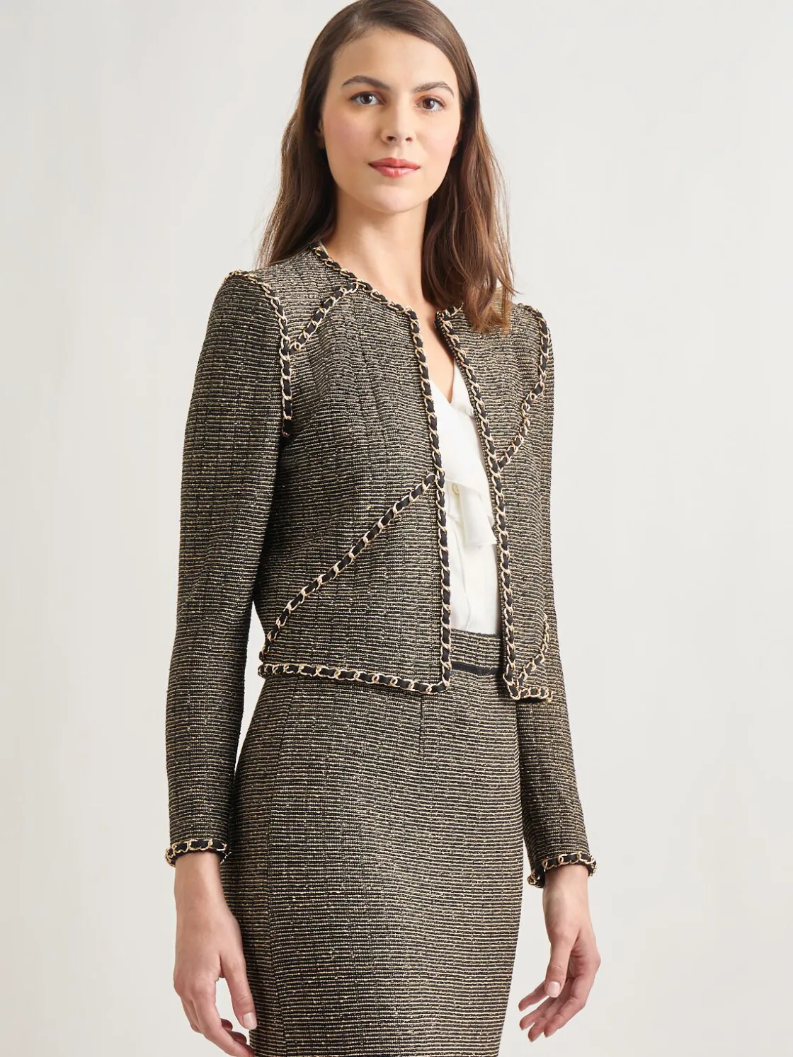 Misook Jackets & Coats|Heritage Fit Curbed Chain Trim Lurex Knit Jacket