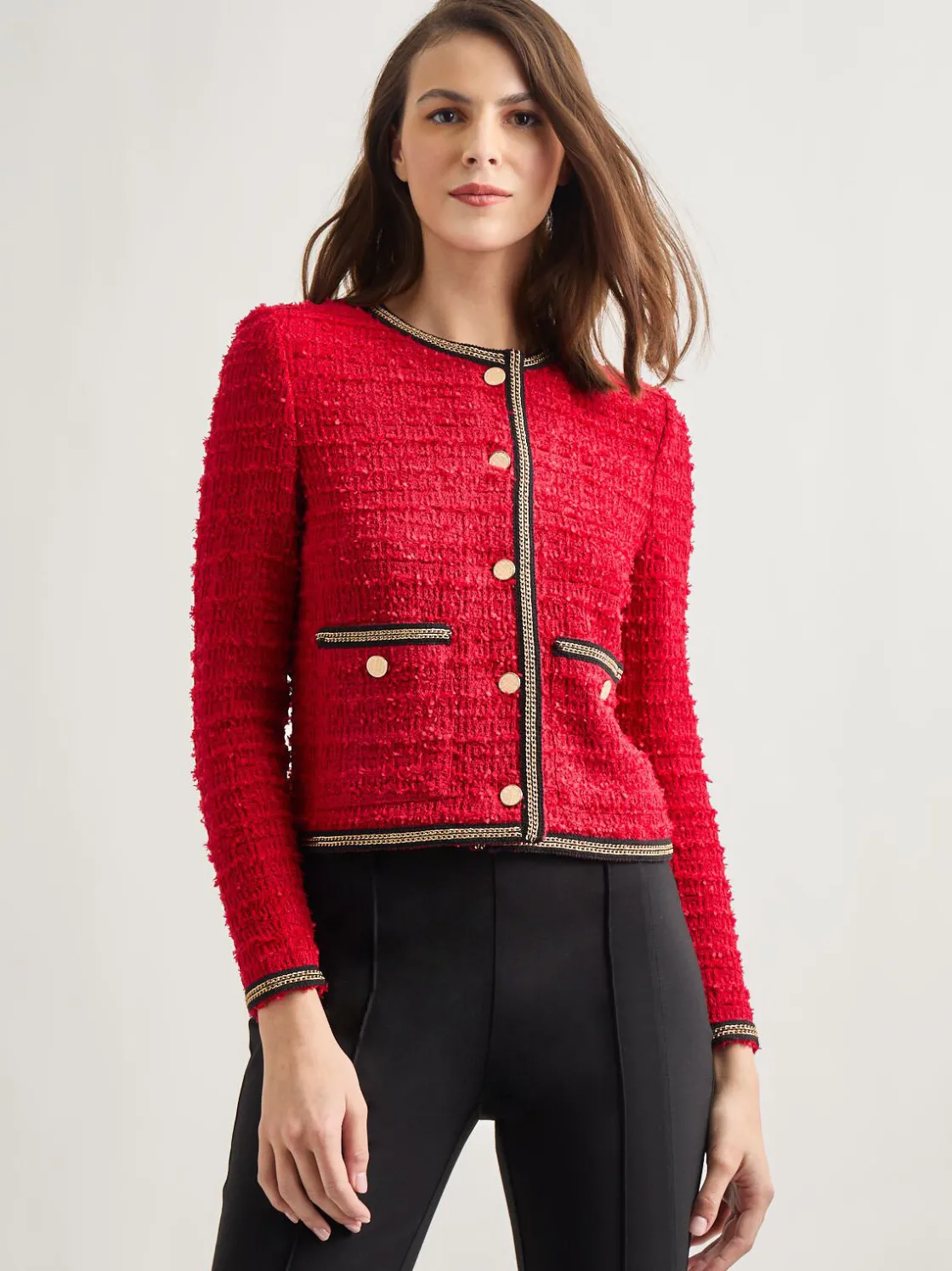 Misook Jackets & Coats|Heritage Fit Double Chain Trim Eyelash Knit Jacket
