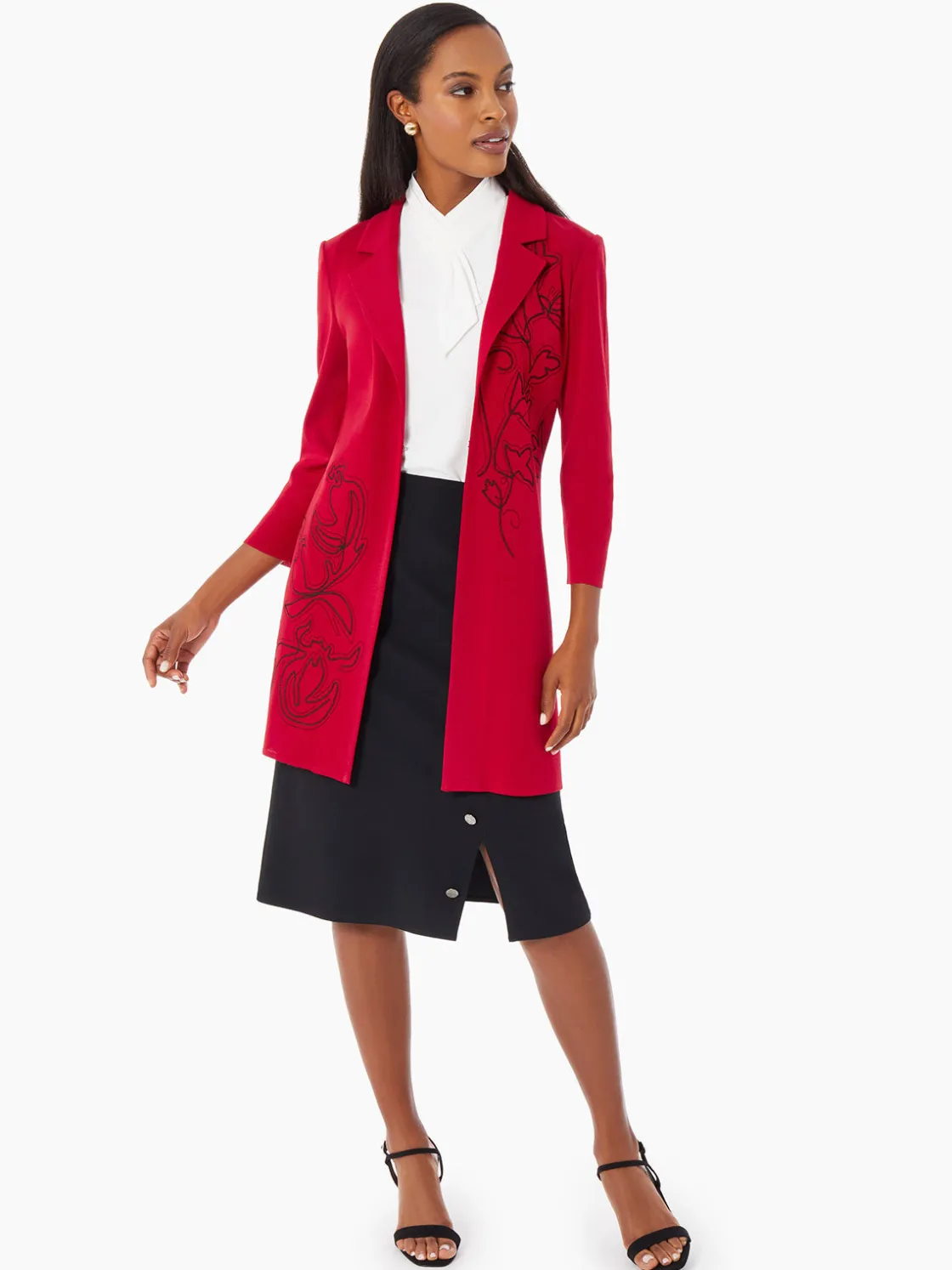 Misook Jackets & Coats|Heritage Fit Floral Embroidery Long Knit Jacket