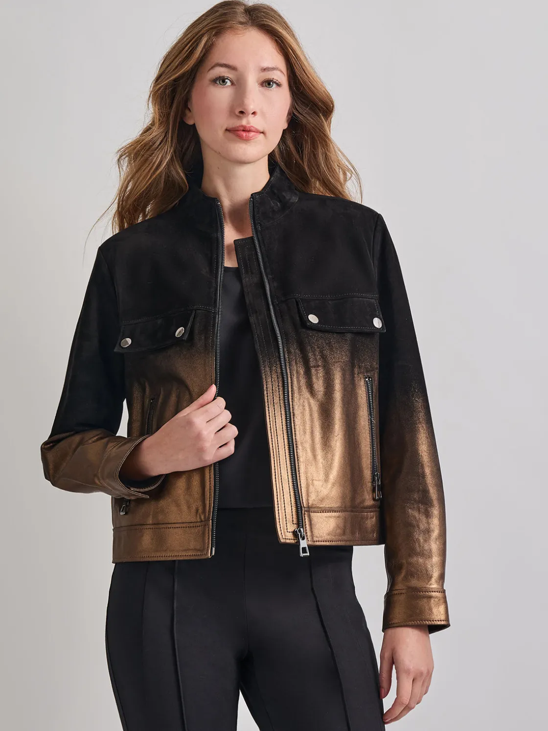 Misook Jackets & Coats|Heritage Fit Gold Ombre Suede Leather Trucker Jacket