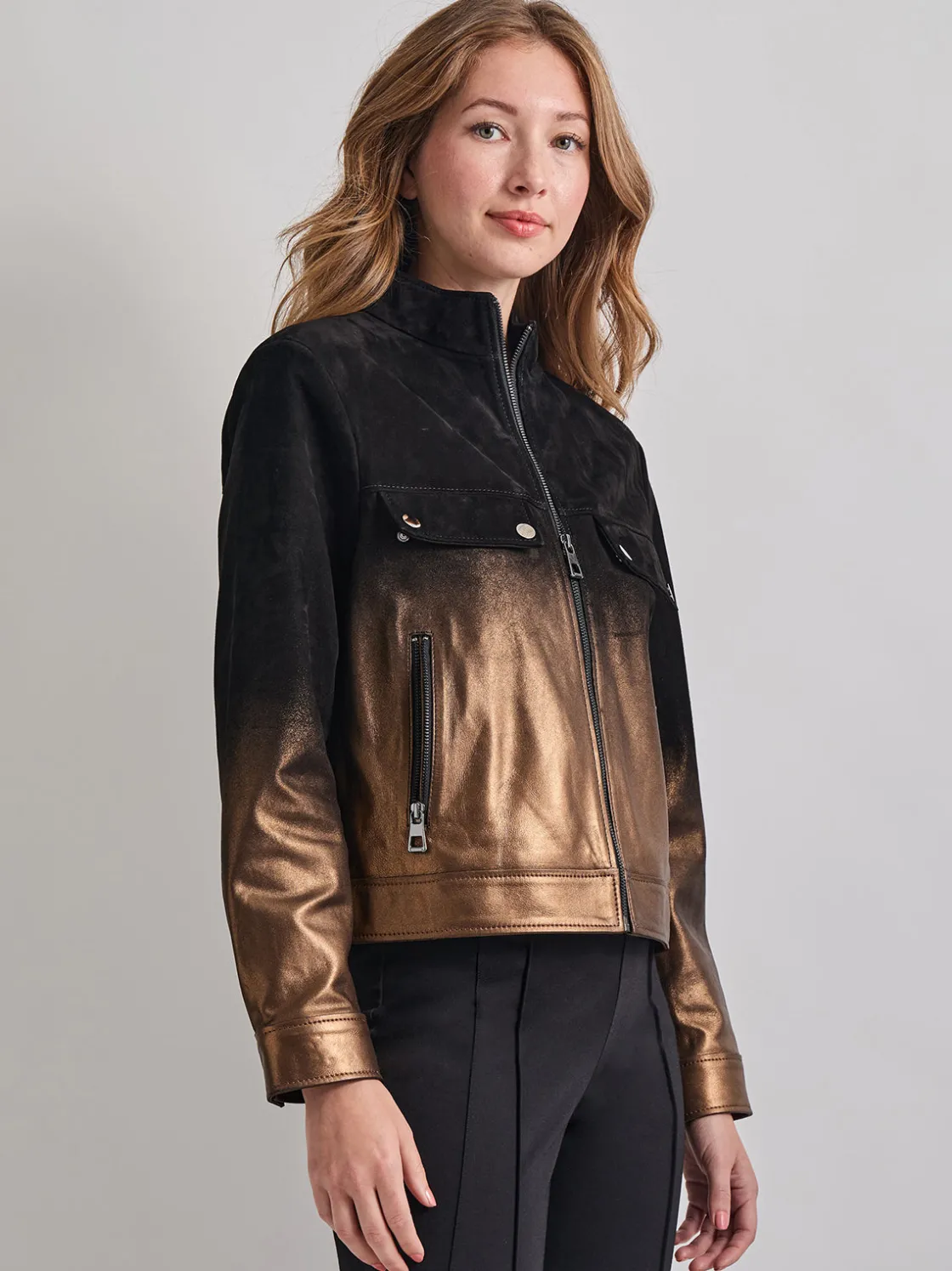 Misook Jackets & Coats|Heritage Fit Gold Ombre Suede Leather Trucker Jacket