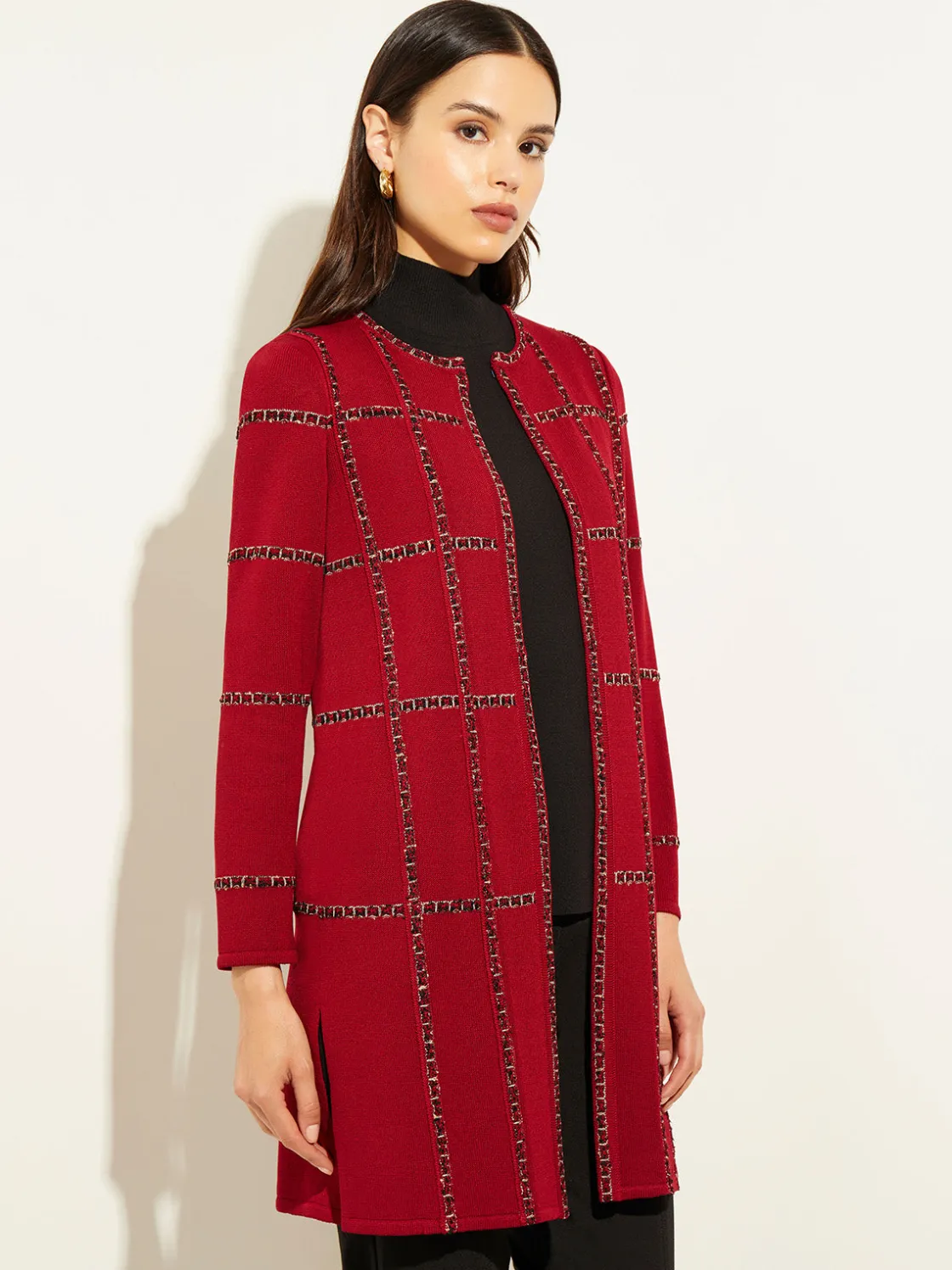 Misook Jackets & Coats|Heritage Fit Tweed Trim Windowpane Knit Duster