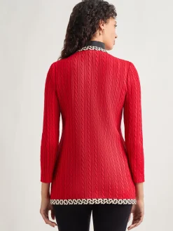 Misook Jackets & Coats|Jewel Neck Contrast Trim Cable Knit Jacket