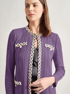 Misook Jackets & Coats|Jewel Neck Contrast Trim Cable Knit Jacket