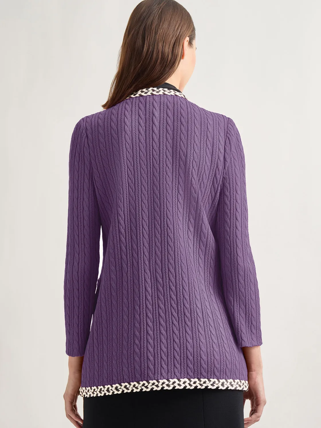 Misook Jackets & Coats|Jewel Neck Contrast Trim Cable Knit Jacket