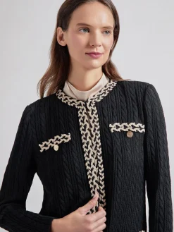 Misook Jackets & Coats|Jewel Neck Contrast Trim Cable Knit Jacket