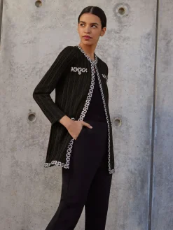 Misook Jackets & Coats|Jewel Neck Contrast Trim Cable Knit Jacket