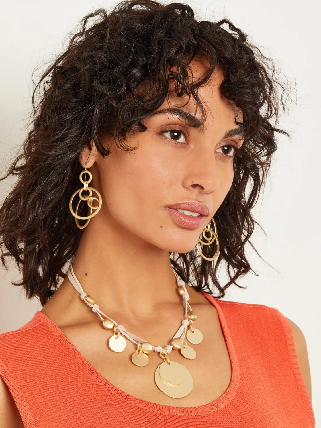 Misook Accessories|Necklaces|Matte Gold Coin Charm Natural Leather & Suede Necklace