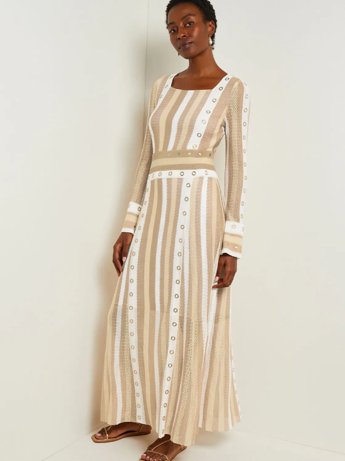 Misook Dresses|Maxi A-Line Dress - Multi-Stitch Grommet Detail Knit