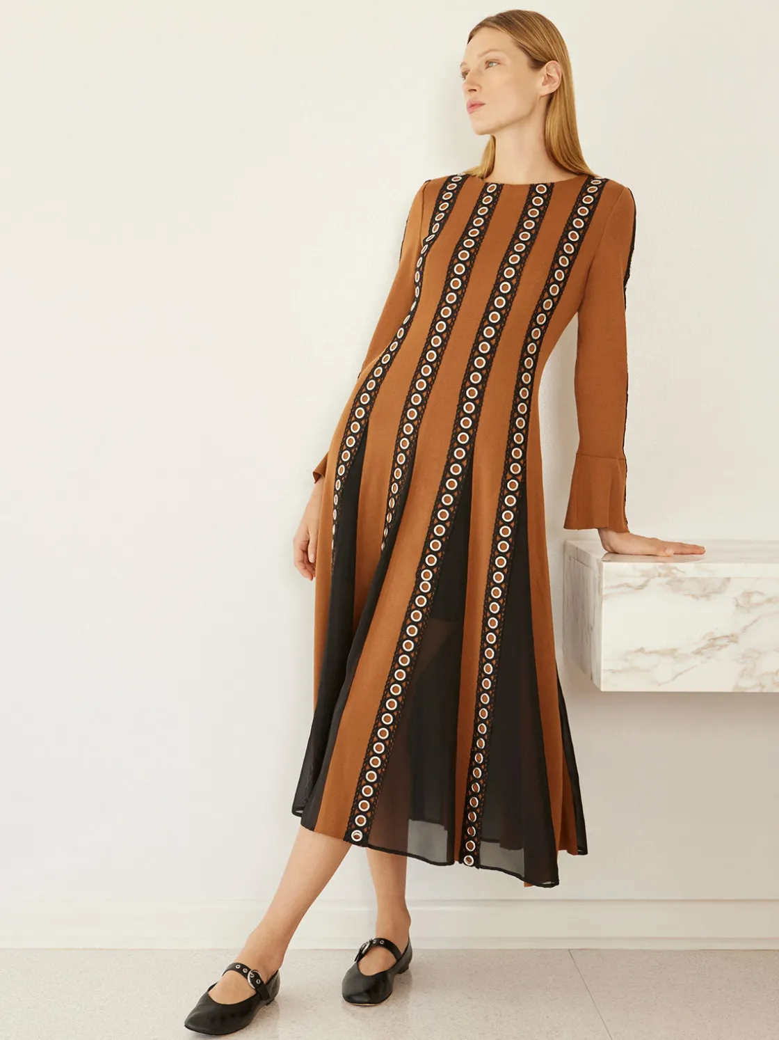 Misook Dresses|Maxi A-Line Dress - Sheer Panel Soft Knit