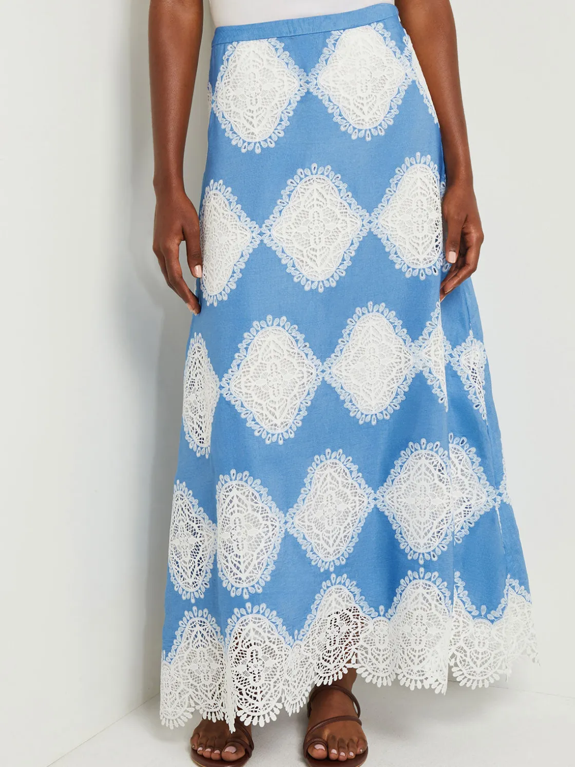 Misook Skirts|Maxi A-Line Skirt - Lace Inset Novelty Woven