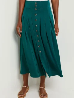 Misook Skirts|Maxi Button Front A-Line Skirt - Pleated Woven