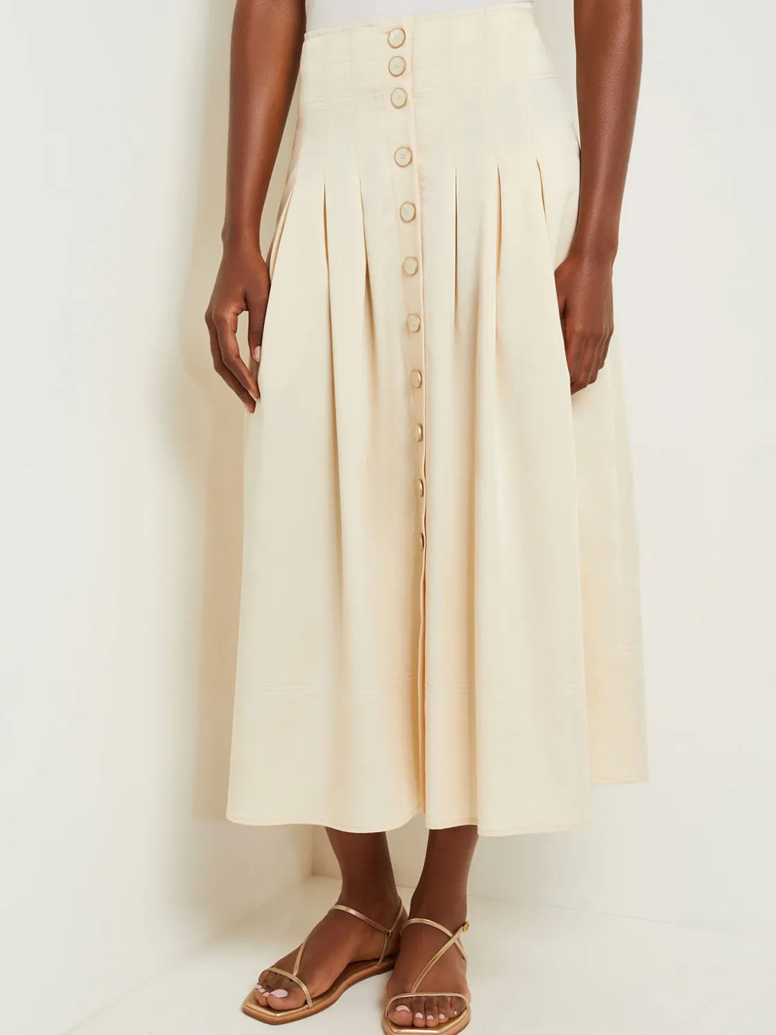 Misook Skirts|Maxi Button Front A-Line Skirt - Pleated Woven