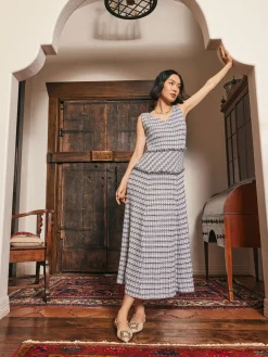 Misook Dresses|Maxi Drop Waist Dress - Fringe Trim Soft Tweed Knit