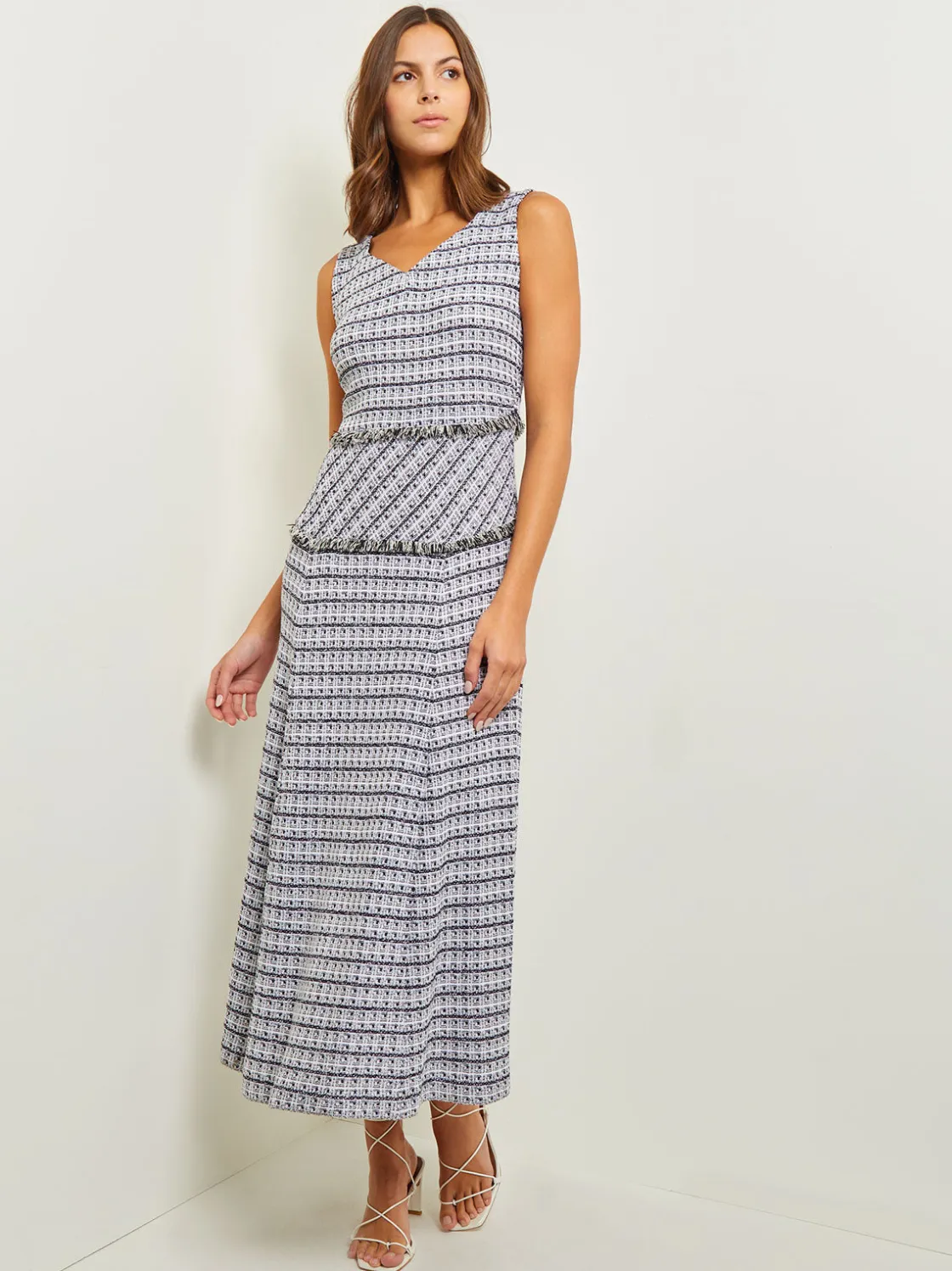 Misook Dresses|Maxi Drop Waist Dress - Fringe Trim Soft Tweed Knit