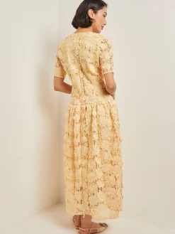 Misook Dresses|Maxi Pleated Drop Waist Dress - Floral Applique Woven