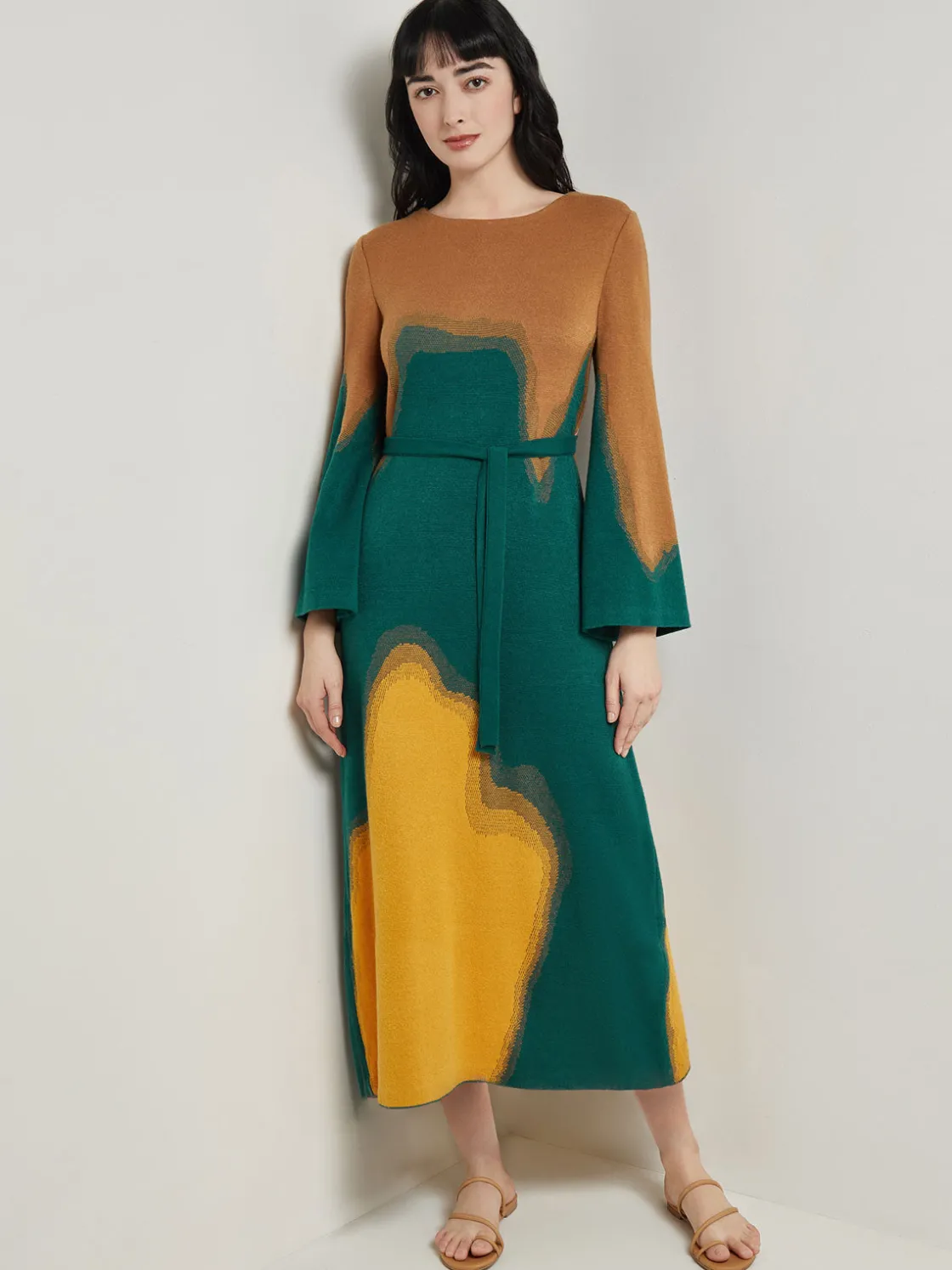 Misook Dresses|Maxi Shift Dress - Abstract Jacquard Cozy Knit