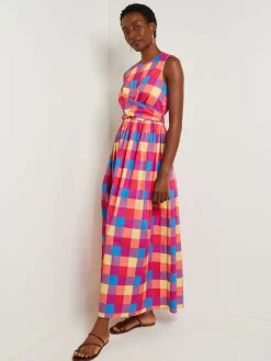 Misook Dresses|Maxi Tie Waist Dress - Plaid Cotton Blend