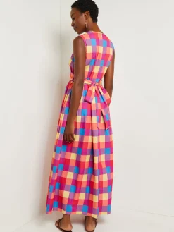 Misook Dresses|Maxi Tie Waist Dress - Plaid Cotton Blend