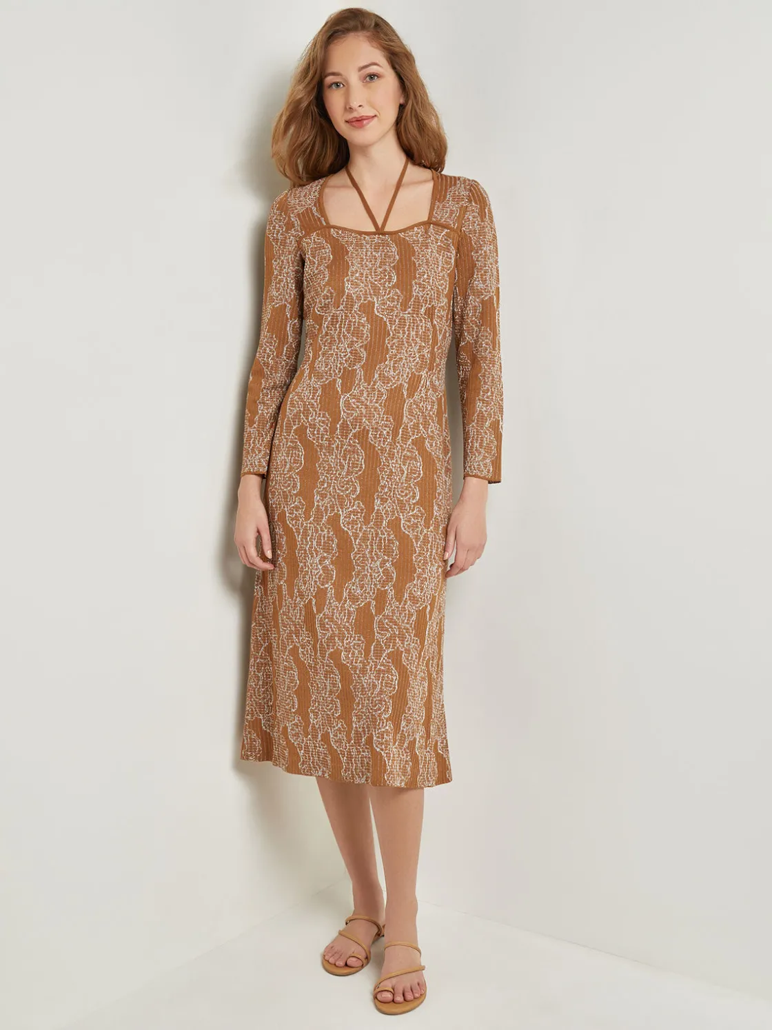 Misook Dresses|Midi A-Line Dress - Ribbed Lurex Jacquard Knit